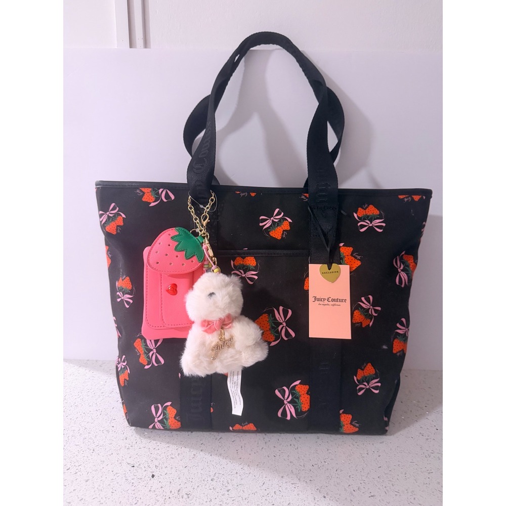 Juicy Couture Strawberry Bow Print Tote Bag Black Pink with Charms NWT Exclusive